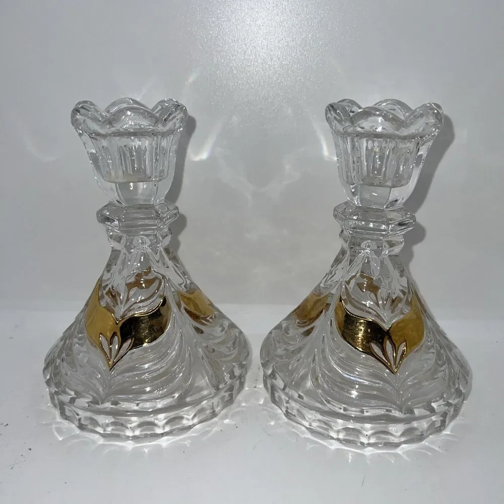 GERMAN HANDARBEIT 24% LEAD CRYSTAL CLEAR GOLD ACCENT CANDLESTICKS 5